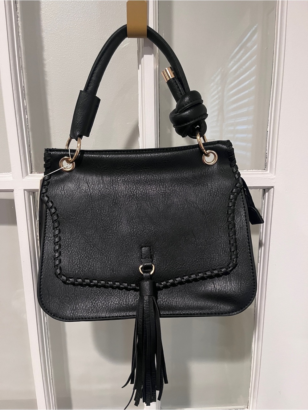 NWT Isabelle Black Vegan Leather Crossbody Handbag Purse W/ Tassel Gold